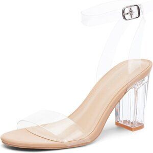Women's Clear Chunky Heels Sandals Open Toe Ankle Strap Dressy Wedding Shoes